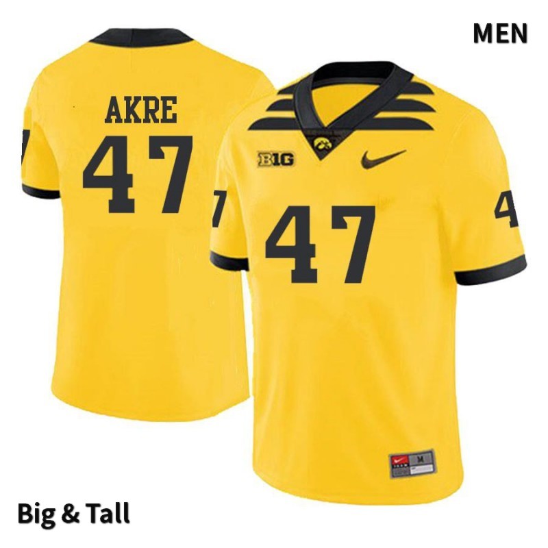 Men's Iowa Hawkeyes NCAA #47 Lane Akre Yellow Authentic Nike Big & Tall Alumni Stitched College Football Jersey ME34L20PD
